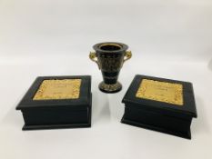 AN UNUSUAL INCENSE / SPICE BURNER ALONG WITH A PAIR OF BLACK LACQUERED STORAGE BOXES,