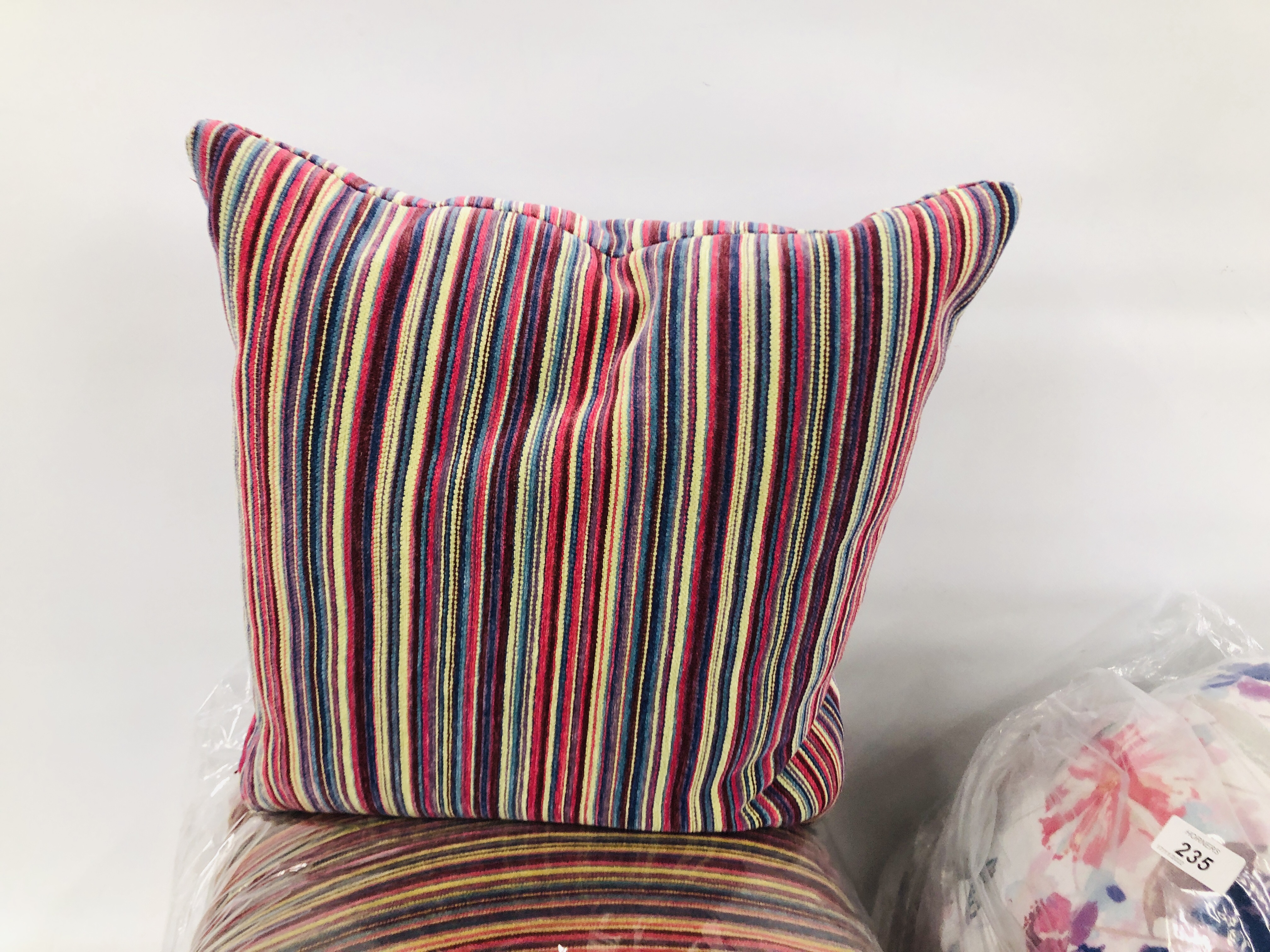 SIX MATCHING SATIN AND FABRIC BUTTERFLY / FLORAL DECORATED CUSHIONS AND THREE STRIPED CUSHIONS. - Image 2 of 3