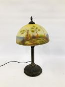AN IMPRESSIVE TABLE LAMP OF REEDED FORM HAVING A HANDPAINTED GLASS SHADE - SOLD AS SEEN.