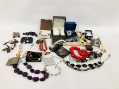 A BOX OF COSTUME JEWELLERY TO INCLUDE BEADS, NECKLACES, BANGLES, EARRINGS,