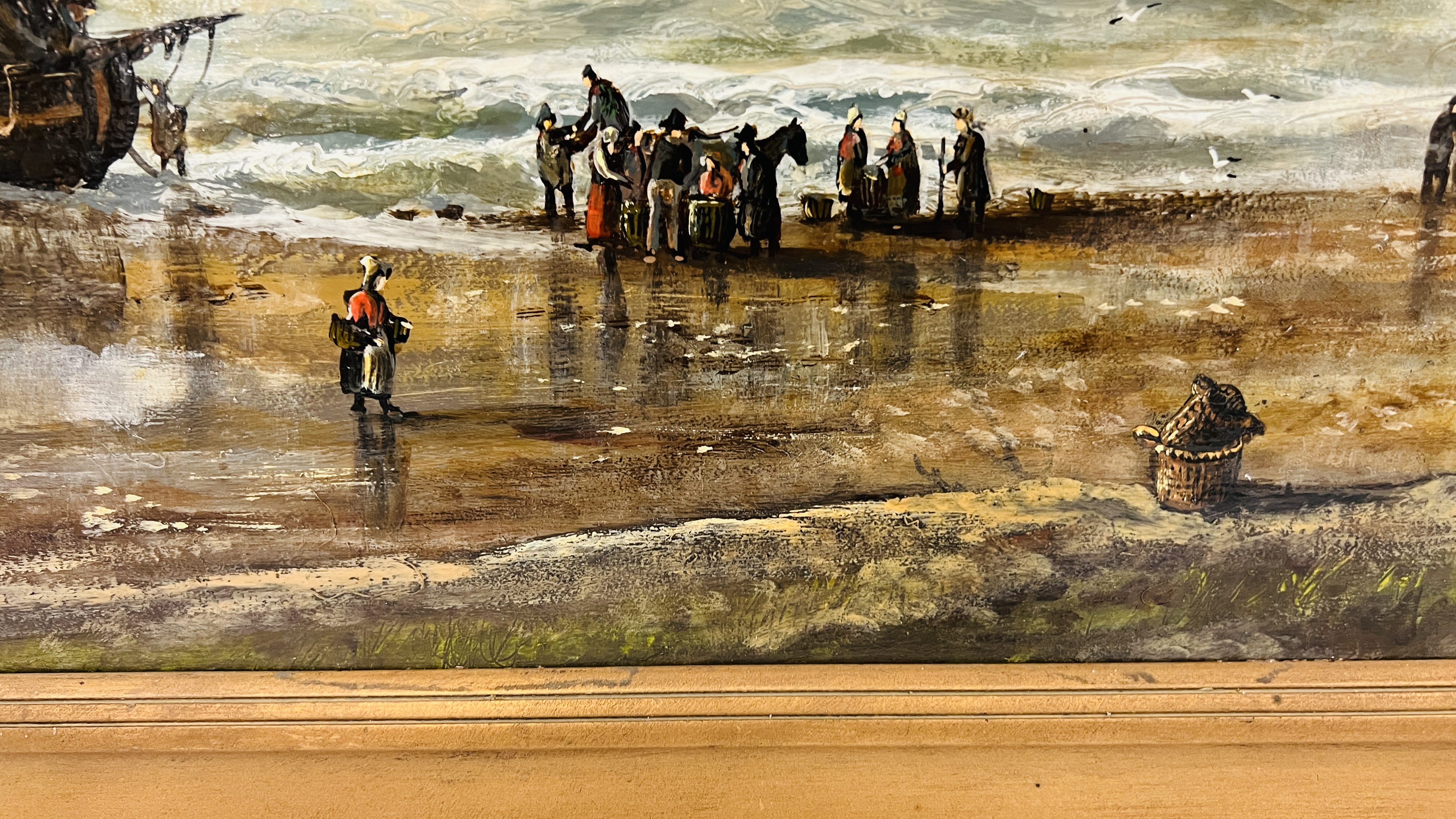 FRAMED OIL ON BOARD "UNLOADING FISH ON SEASHORE" BEARING SIGNATURE JOHN EDMUND MACE - Image 3 of 7