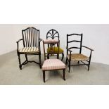 A SLAT BACK ELBOW CHAIR WITH RATTAN SEAT, EDWARDIAN NURSING CHAIR WITH STRIPED CUSHION SEAT,