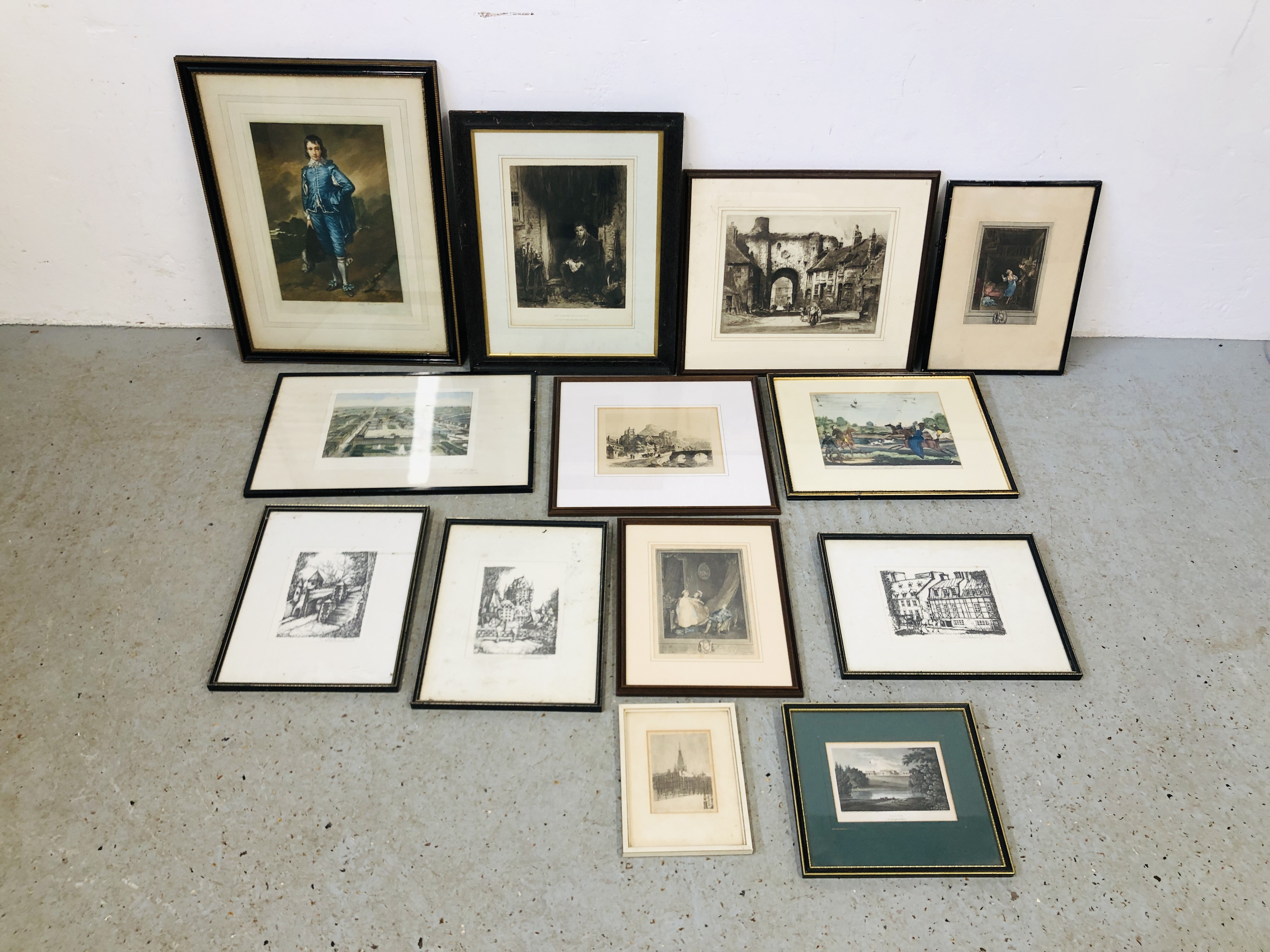 BOX OF VINTAGE FRAMED BLACK AND WHITE ETCHINGS MANY BEARING PENCIL SIGNATURES TO INCLUDE "A SON OF