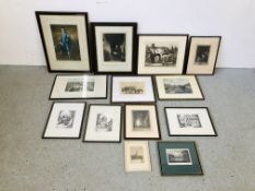 BOX OF VINTAGE FRAMED BLACK AND WHITE ETCHINGS MANY BEARING PENCIL SIGNATURES TO INCLUDE "A SON OF