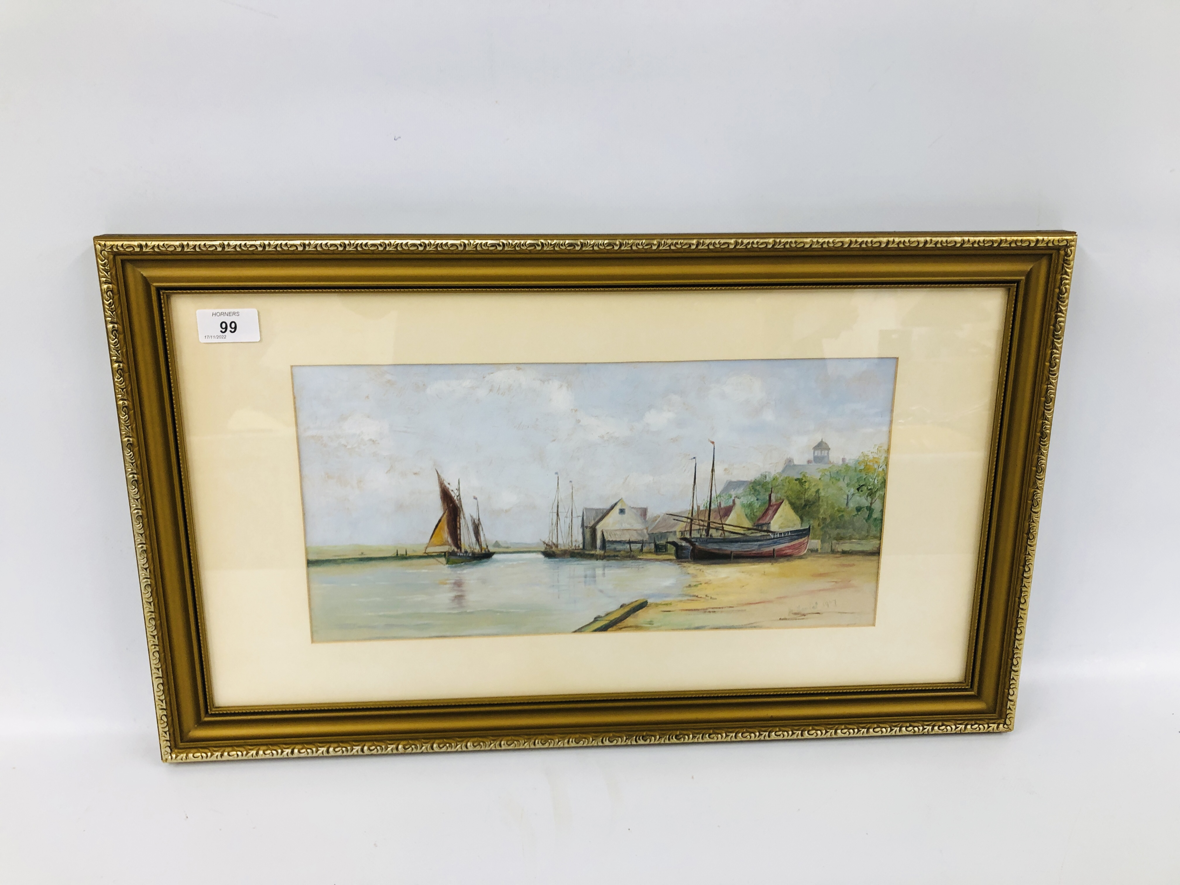 OIL ON BOARD HARBOUR SCENE WITH YARMOUTH FISHING BOATS BEARING SIGNATURE W. SANDAL 1907 19.