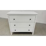 A MODERN WHITE FINISH THREE DRAWER CHEST WIDTH 91CM. DEPTH 44CM. HEIGHT 82CM.