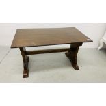 A SOLID OAK REFECTORY STYLE COFFEE TABLE WIDTH 50CM. LENGTH 89CM. HEIGHT 50CM.