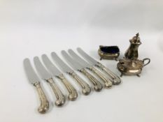 THREE PIECE SILVER CONDIMENT SET BIRMINGHAM 1931 ALONG WITH A SET OF SIX WHITE METAL HANDLED TEA