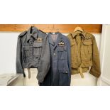 3 X VINTAGE RAF JACKETS TWO WITH MATCHING TROUSERS.