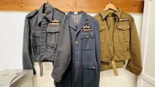 3 X VINTAGE RAF JACKETS TWO WITH MATCHING TROUSERS.