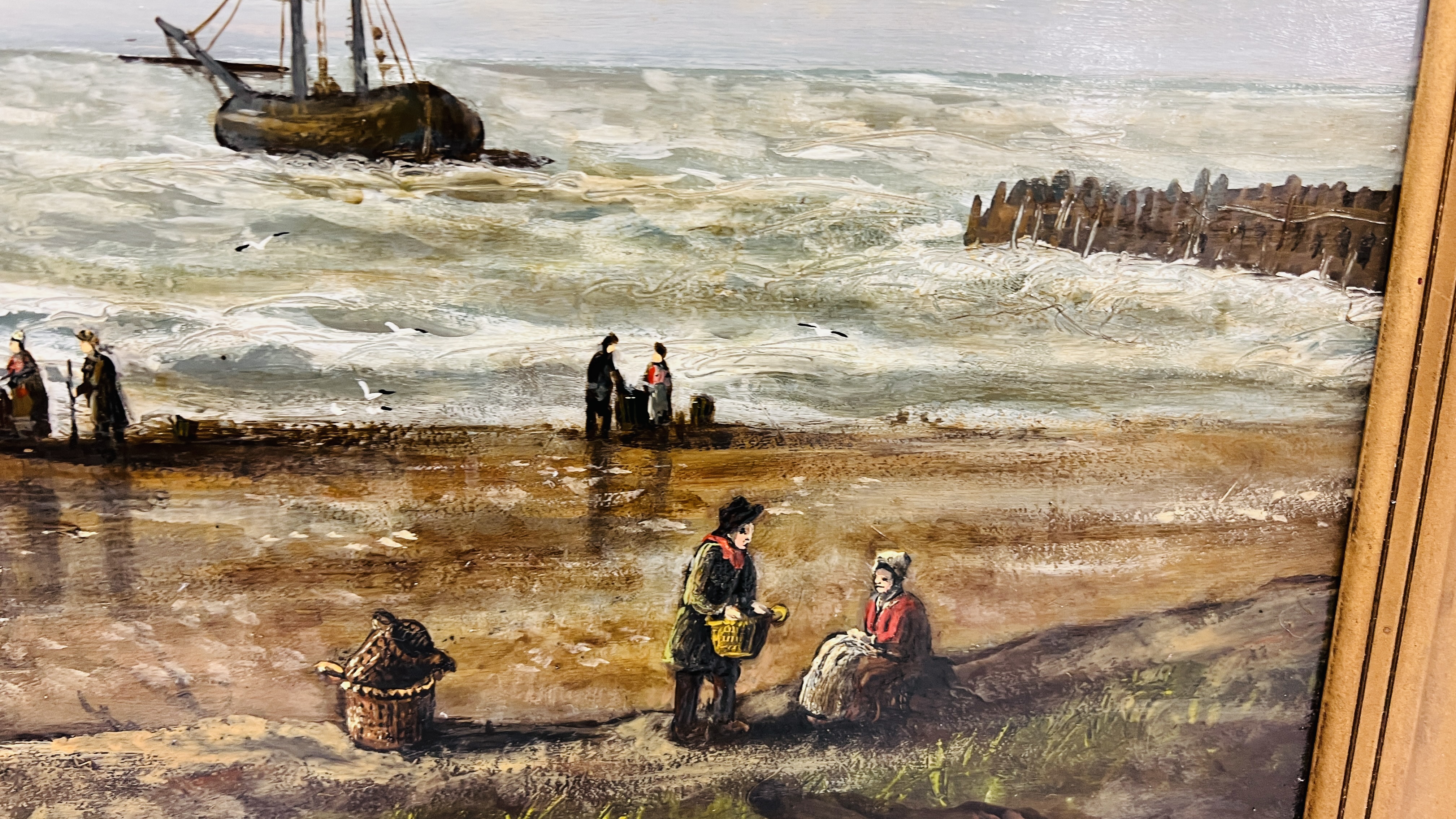 FRAMED OIL ON BOARD "UNLOADING FISH ON SEASHORE" BEARING SIGNATURE JOHN EDMUND MACE - Image 4 of 7