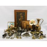 TWO BOXES OF ASSORTED MIXED METAL WARE TO INCLUDE COPPER URNS, PEWTER TANKARDS,