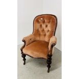 A VICTORIAN MAHOGANY FRAMED BUTTON BACK LADIES CHAIR.