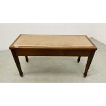 ANTIQUE MAHOGANY DUET STOOL WITH UPHOLSTERED SEAT WIDTH 98CM. DEPTH 38CM. HEIGHT 52CM.