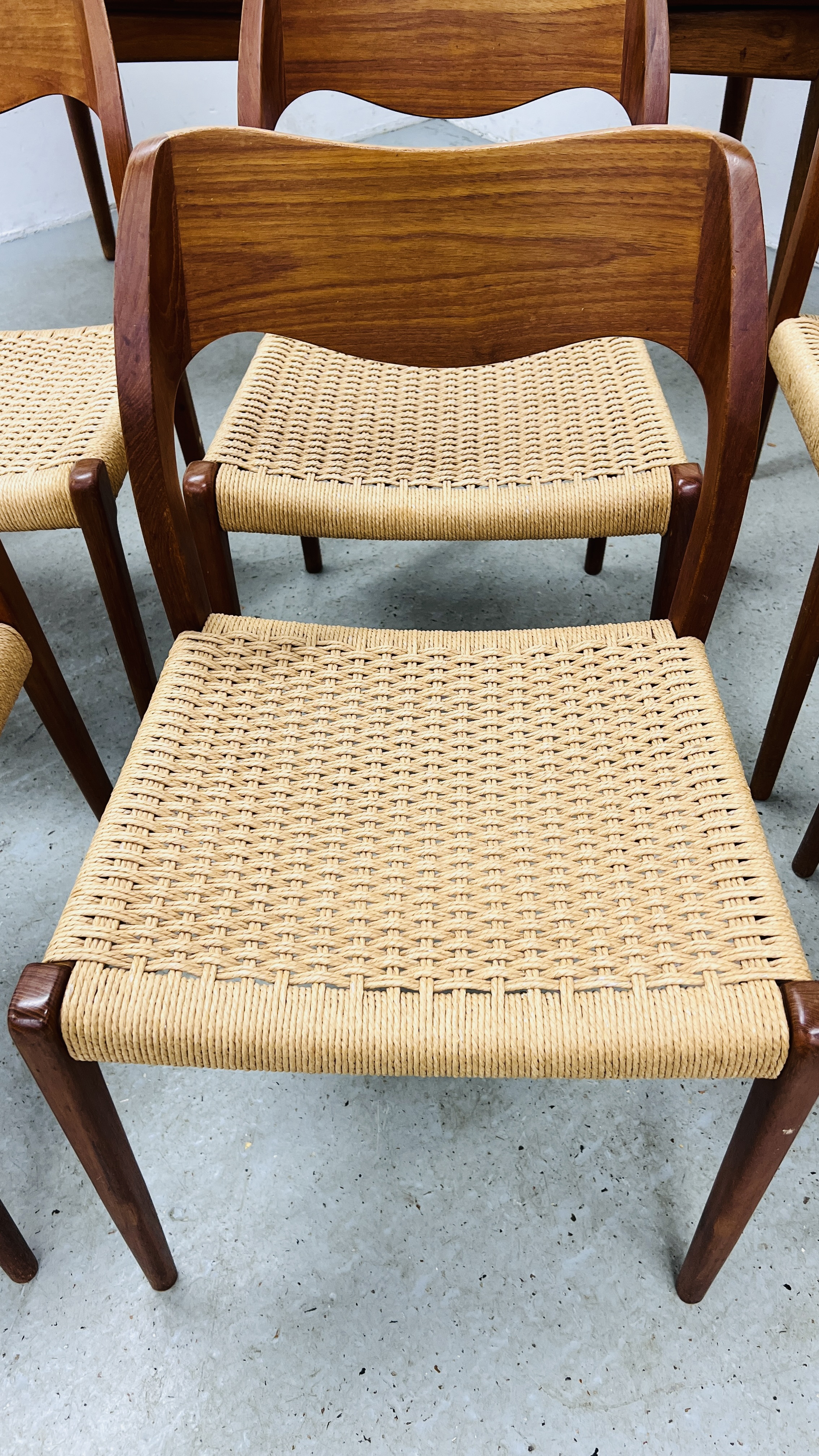 SET OF EIGHT J MOLLER DANISH TEAK DINING CHAIRS WITH WOVEN SISAL SEATS ALONG WITH A DRAWER LEAF - Image 12 of 48