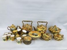 A GROUP OF DECORATIVE CHINA TO INCLUDE TWO OVERSIZED TEAPOTS DECORATED WITH FRUITS AND VINES,