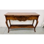 REPRODUCTION MAHOGANY SIDE TABLE WITH CENTRAL CONCEALED DRAWER AND SHELF BELOW WIDTH 118CM.