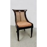 A REGENCY LADIES CHAIR WITH CANED BACK AND SEAT WITH FITTED CUSHION.