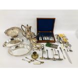 BOX OF ASSORTED VINTAGE SILVER PLATED WARE TO INCLUDE TREEN, THREE PIECE TEA SET + COFFEE POT,