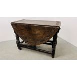AN OAK GATELEG TABLE, PARTLY C17TH WITH LATER CARVING AND DRAWER TO END, W 104CM, D 134CM, H 72CM.