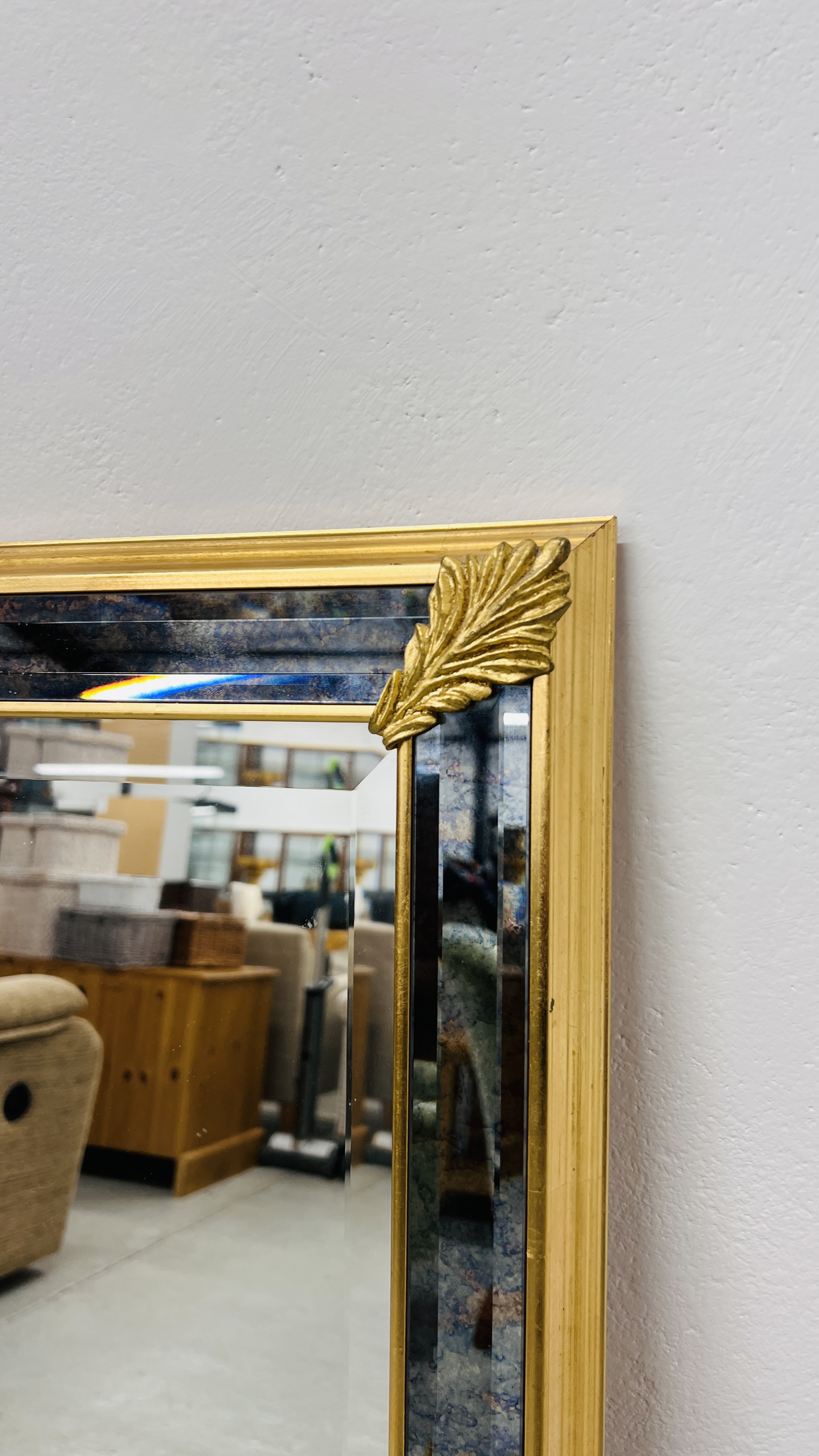 LARGE DESIGNER GILT FRAMED WALL MIRROR WITH BEVELLED GLASS WIDTH 104CM. HEIGHT 127CM. - Image 2 of 6