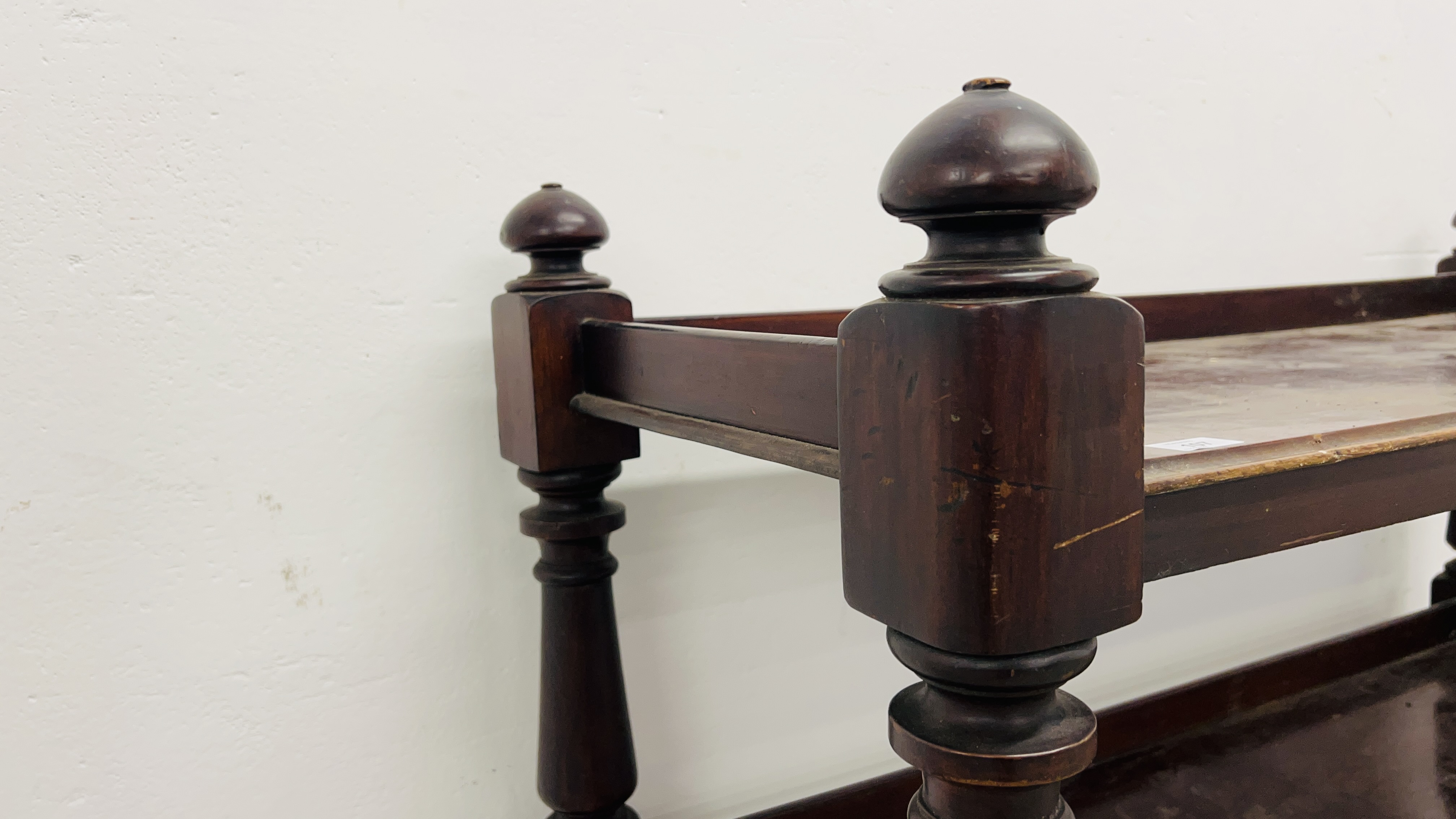 A VICTORIAN MAHOGANY THREE TIER BUFFET TROLLEY A/F LENGTH 120CM. HEIGHT 110CM. DEPTH 48CM. - Image 8 of 12