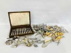 BOX OF ASSORTED MIXED LOOSE PLATED CUTLERY ALONG WITH A CASED CANTEEN OF MAPPIN AND WEBB FISH