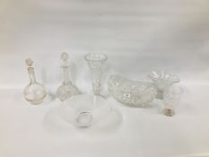 A GROUP OF GOOD QUALITY CUT GLASS CRYSTAL TO INCLUDE A VASE, TWO DECANTERS, BOAT SHAPED DISH,