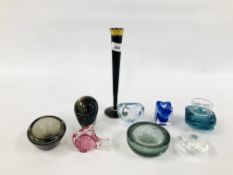 GROUP OF ART GLASS TO INCLUDE VASE, FISH PAPERWEIGHT AND A HARDSTONE ETHNIC BUST CARVING.