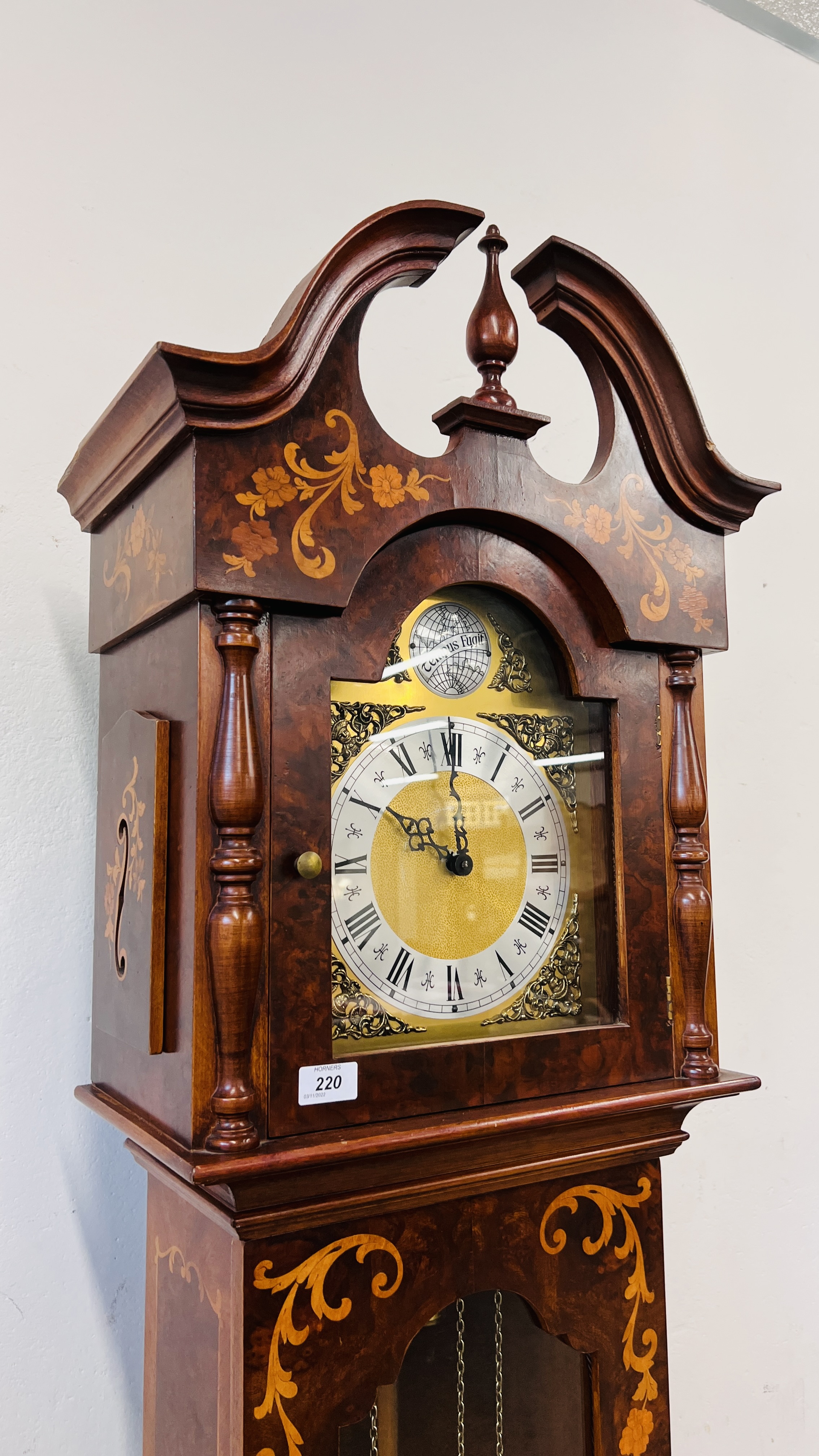 A REPRODUCTION DUTCH STYLE LONG CASE CLOCK WITH MARQUETRY INLAID STYLE DETAILING FACE MARKED TEMPUS - Image 8 of 13