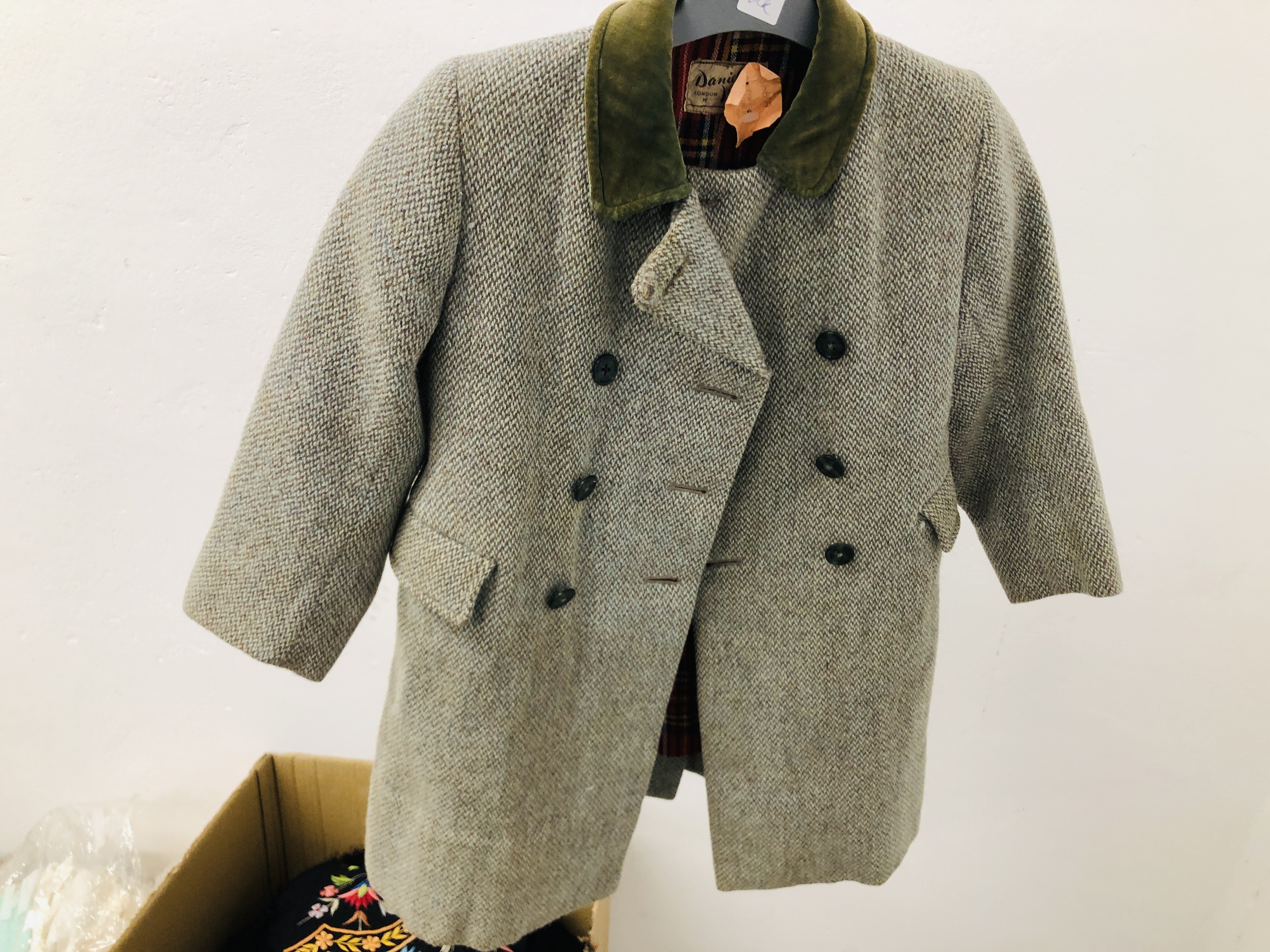 FOUR BOXES CONTAINING AN ASSORTMENT OF VINTAGE FASHION CLOTHING TO INCLUDE A CHILDS TWEED COAT, - Image 2 of 11
