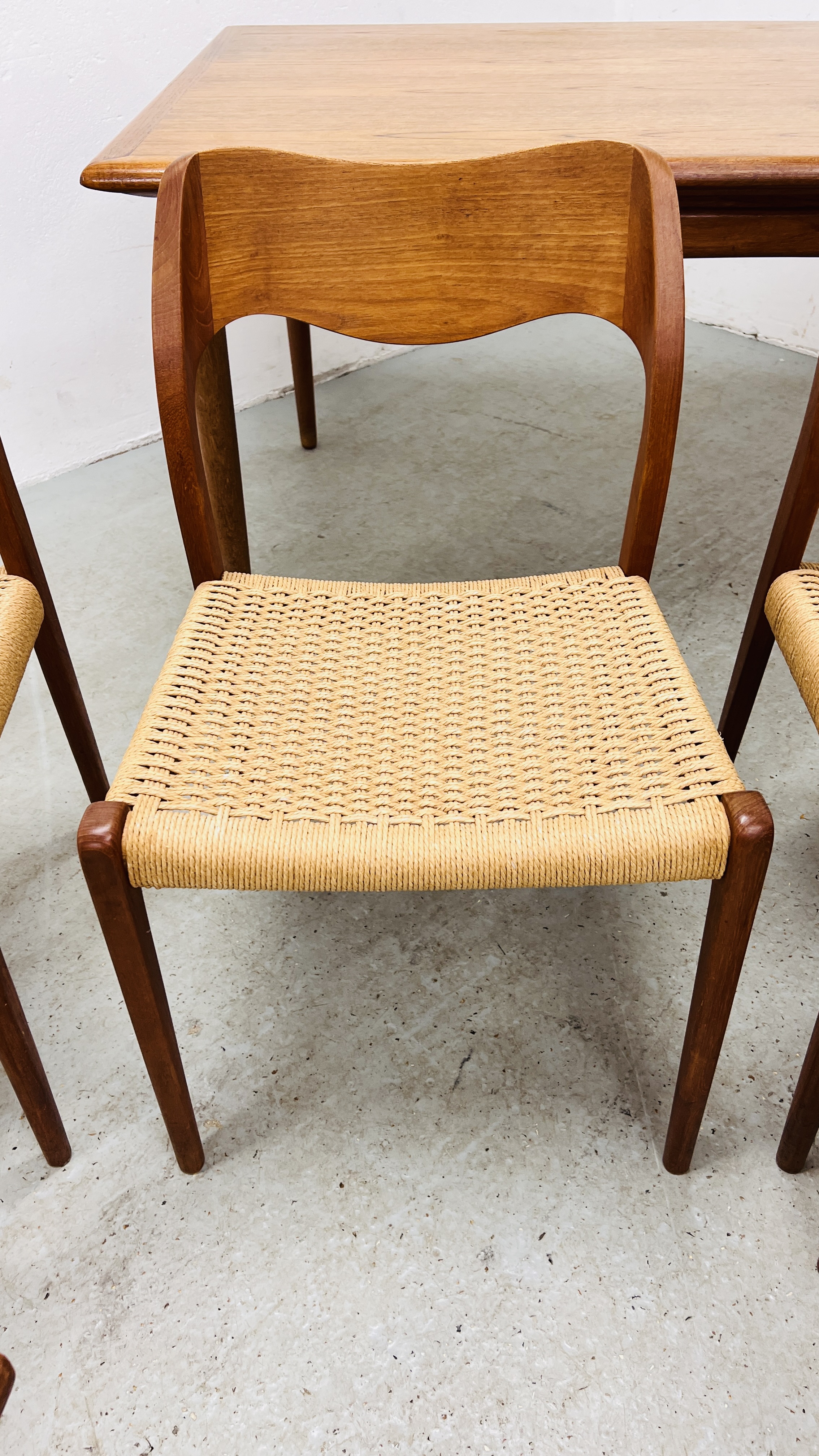 SET OF EIGHT J MOLLER DANISH TEAK DINING CHAIRS WITH WOVEN SISAL SEATS ALONG WITH A DRAWER LEAF - Image 16 of 48
