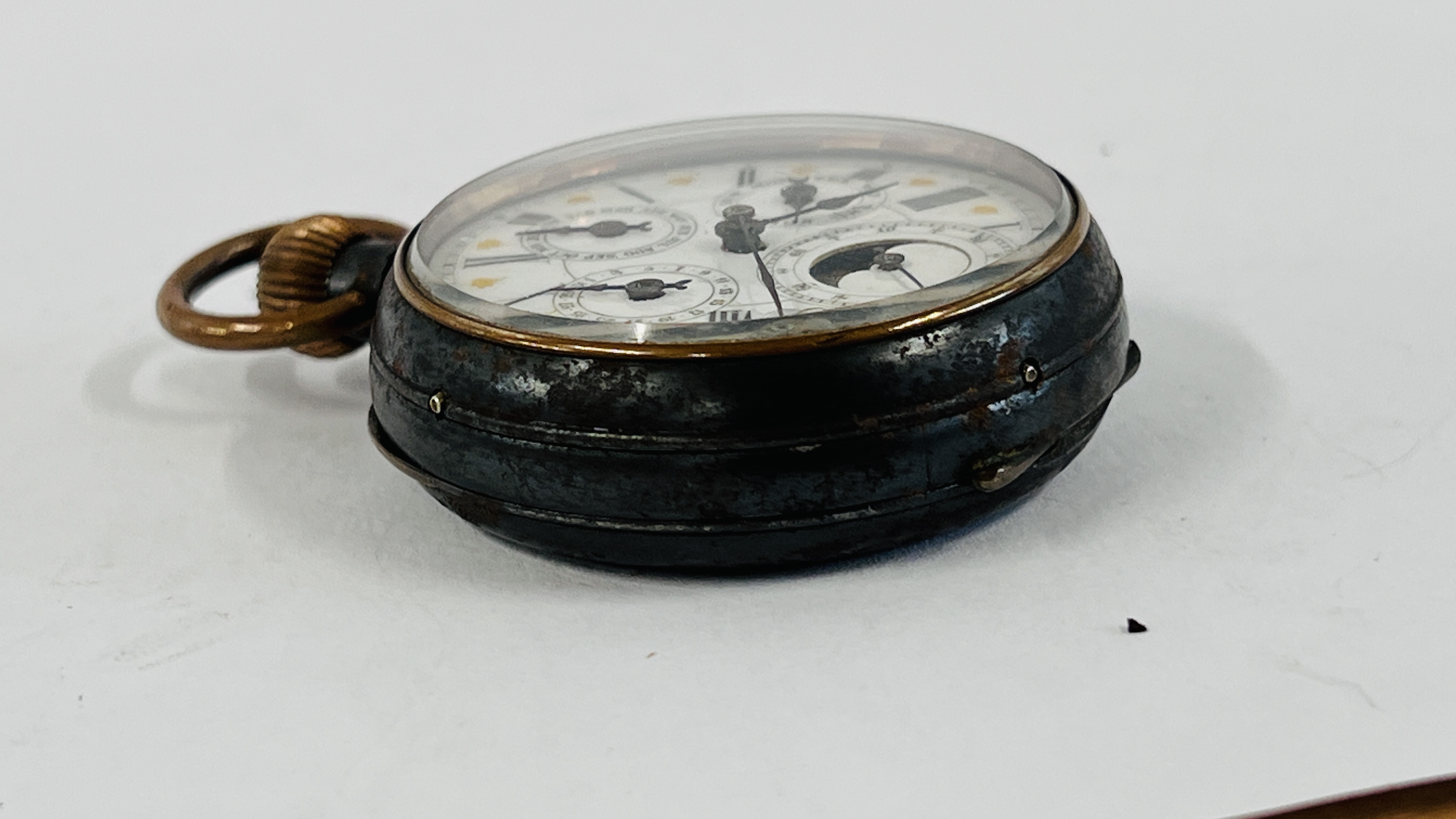 AN ACIER GARANTI SWISS MOON PHASE POCKET WATCH WITH FOUR SUBSIDERY DIALS, - Image 10 of 12