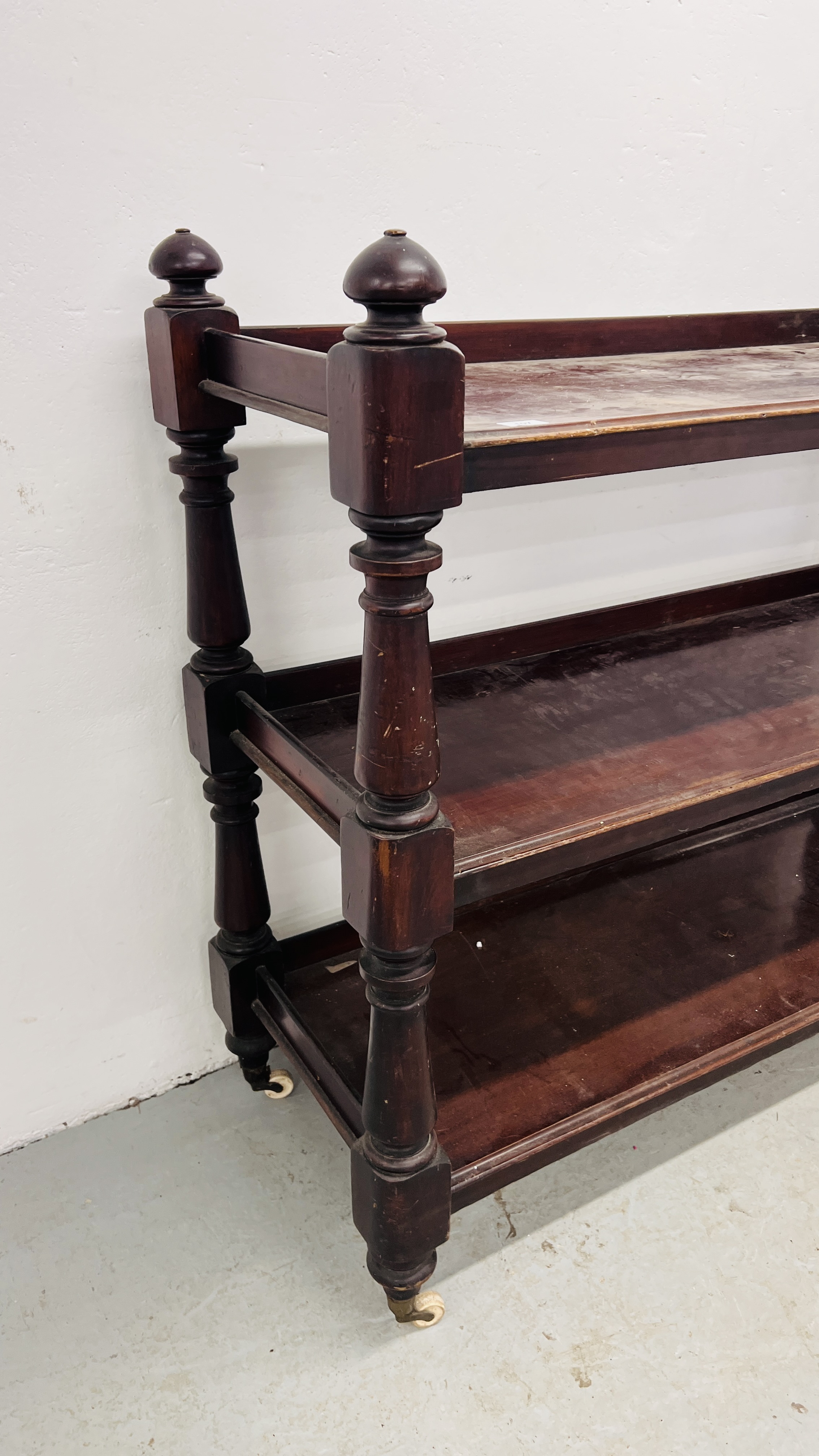 A VICTORIAN MAHOGANY THREE TIER BUFFET TROLLEY A/F LENGTH 120CM. HEIGHT 110CM. DEPTH 48CM. - Image 7 of 12