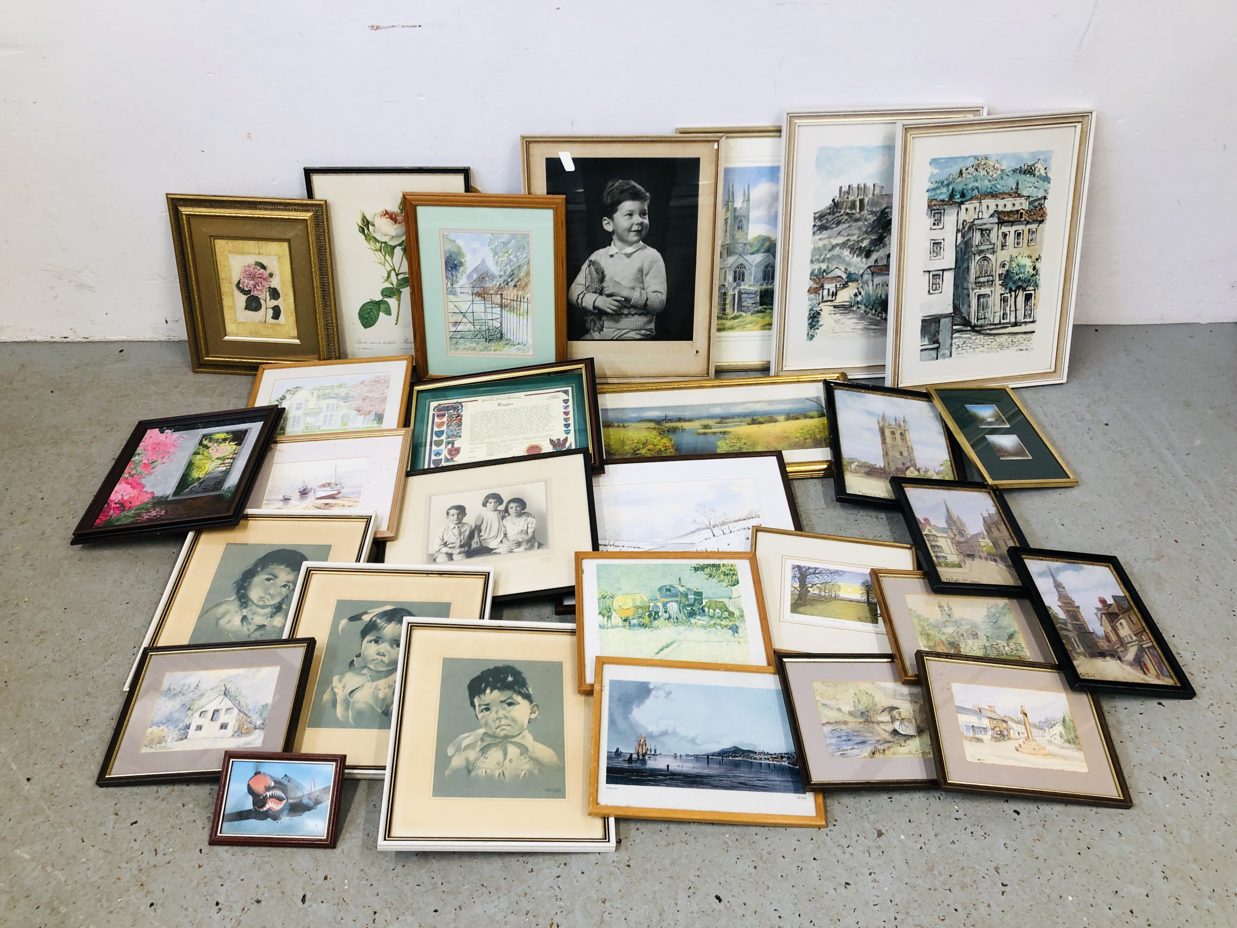 2 X BOXES OF ASSORTED FRAMED ORIGINAL ARTWORKS TO INCLUDE THREE PRINTS OXBOROUGH,