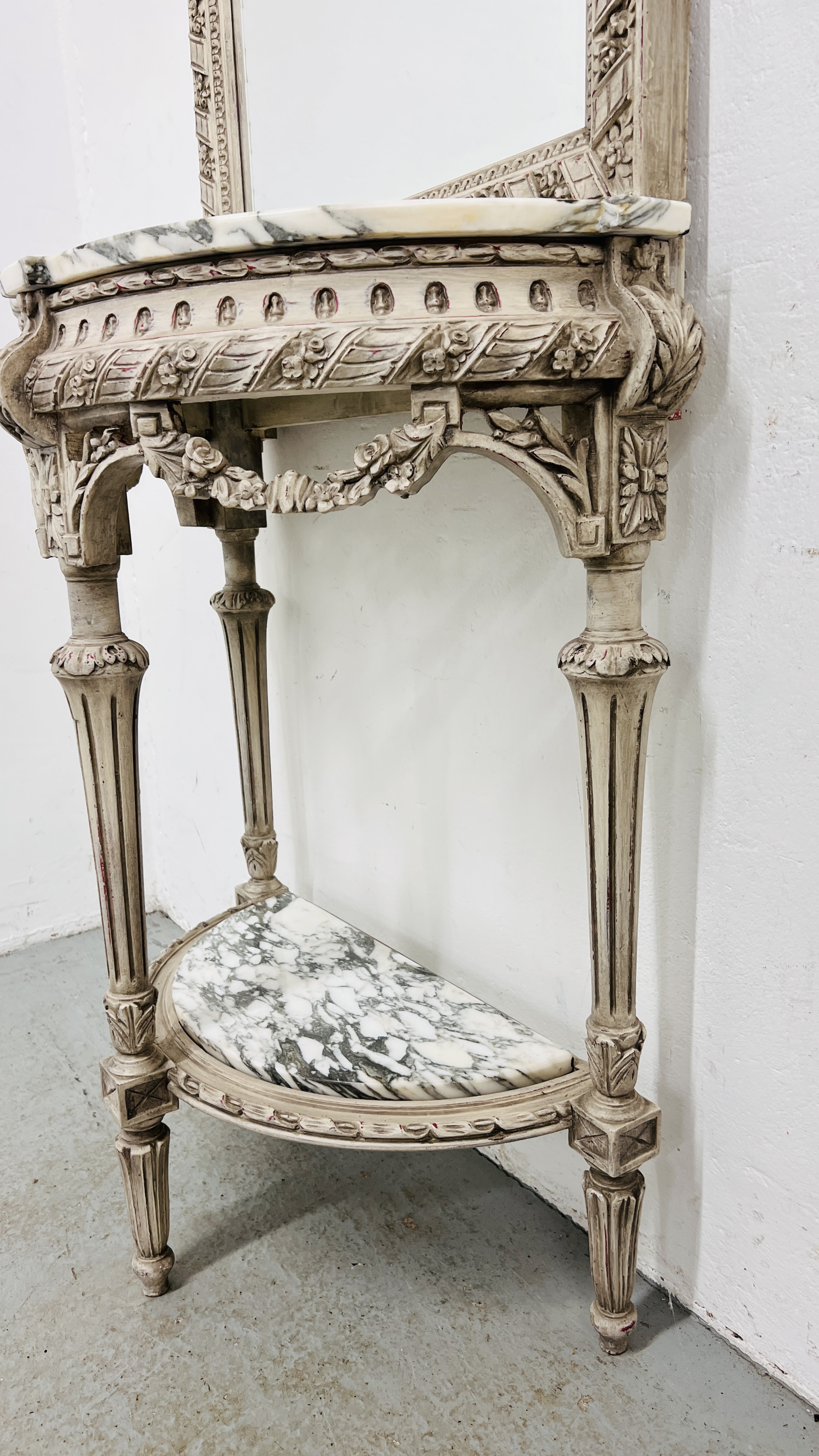 A CONTINENTAL MARBLE TOP HALF MOON SIDE TABLE ON ORNATE CARVED BASE AND SHELF BELOW WITH MIRRORED - Image 5 of 10