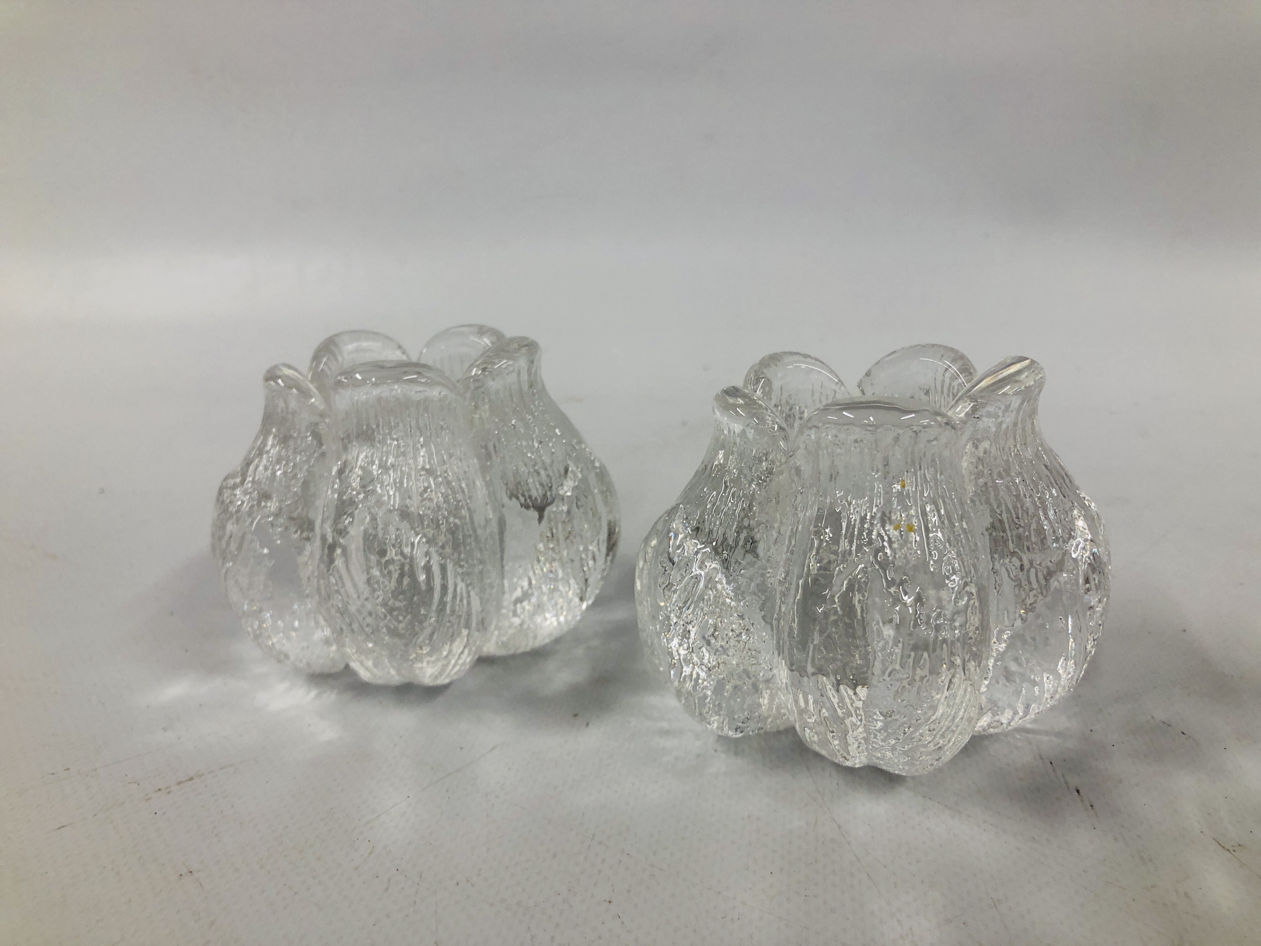 A PAIR OF DESIGNER SWEDISH GLASS CANDLE HOLDERS LABELLED KOSTA SWEDEN, - Image 2 of 6