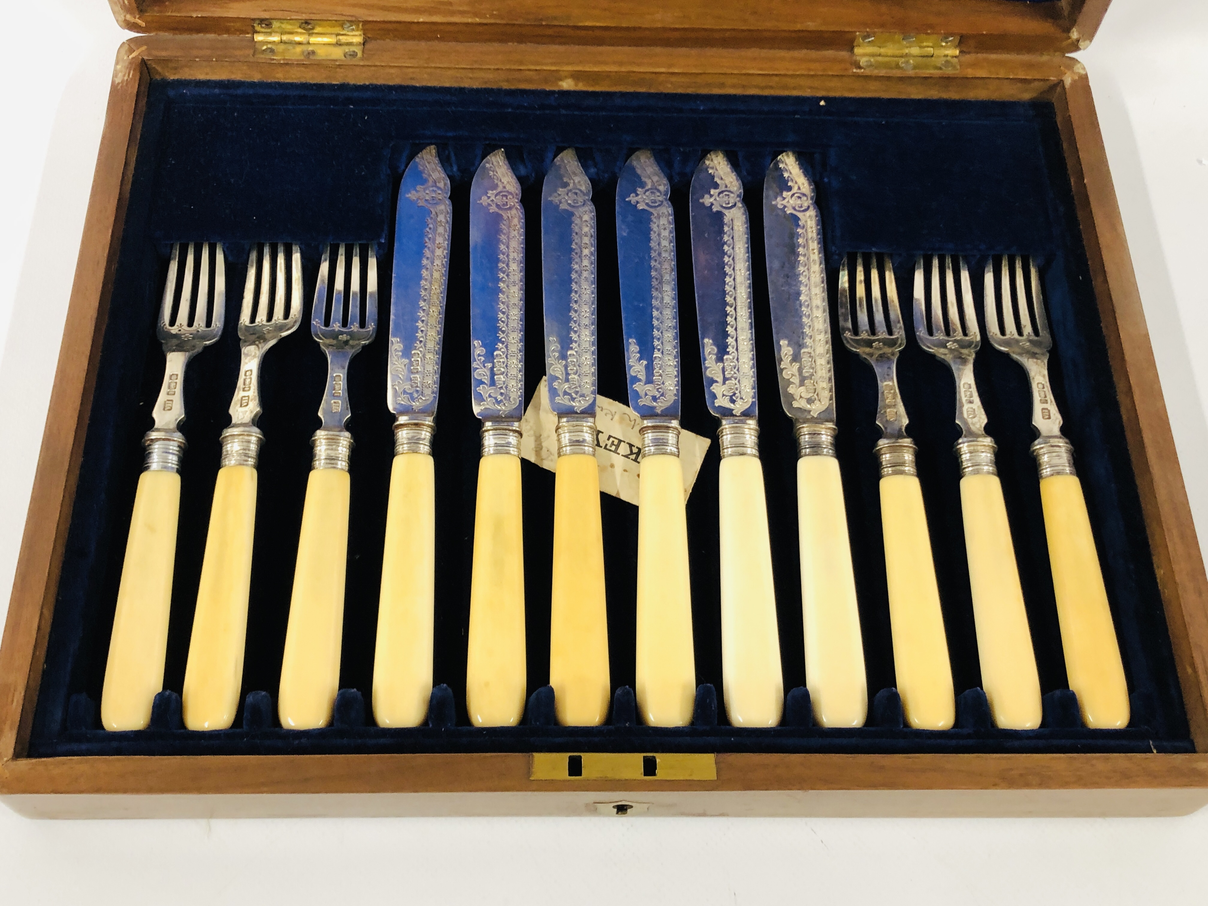 MAHOGANY CASED SET OF SILVER FISH CUTLERY COMPRISING SHEFFIELD 1902 THE HANDLES BONE - Image 2 of 9