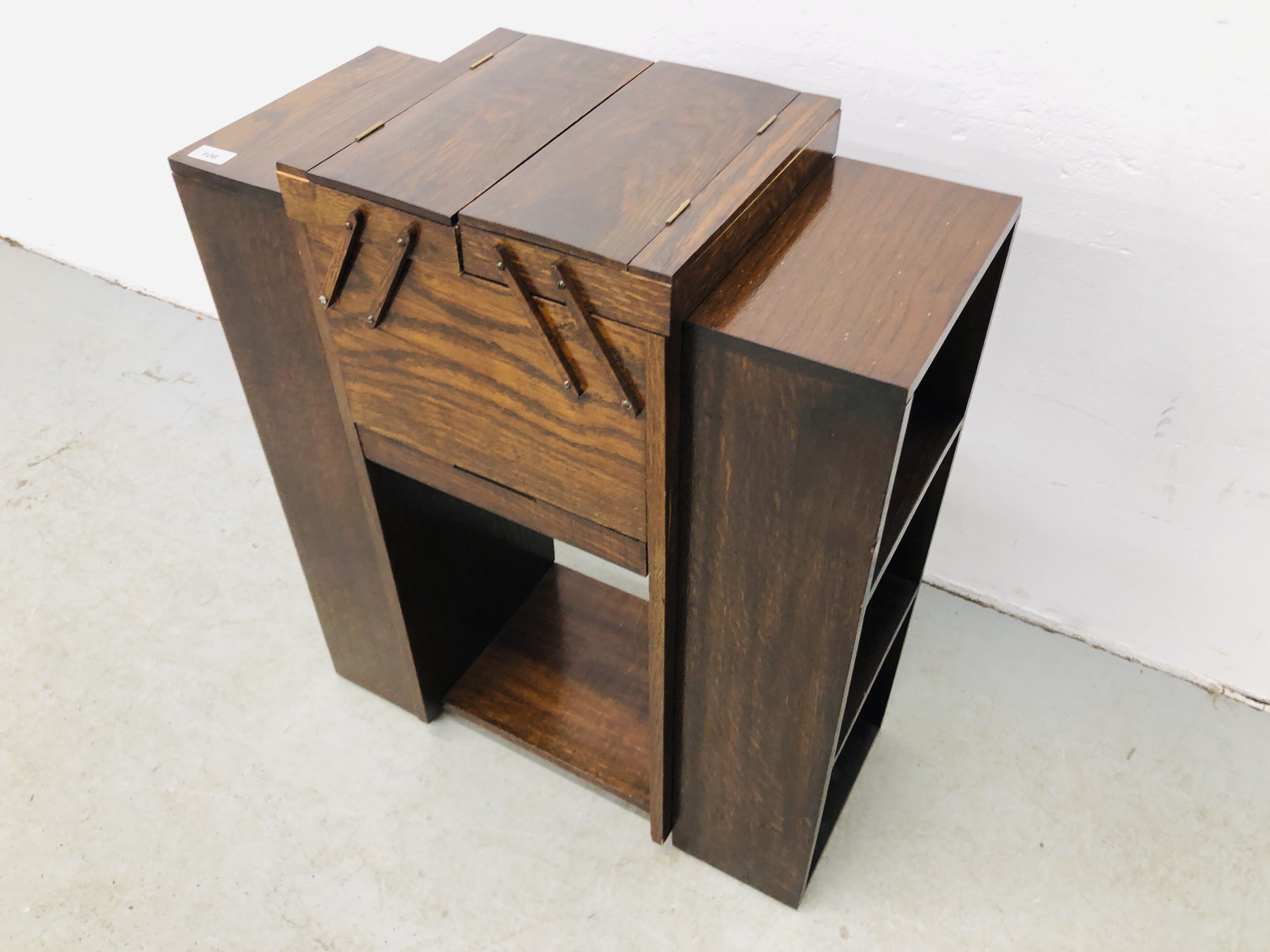 1940'S OAK CANTILEVER COMBINATION SEWING BOX ON OPEN SHELVED BASE - Image 5 of 7