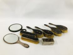 A GROUP OF SILVER MOUNTED DRESSING TABLE MIRRORS AND BRUSHES ALL WITH TORTOISE SHELL INSERTS TO