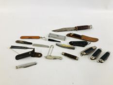A COLLECTION OF 13 POCKET KNIVES AND KNIFES TO INCLUDE ORIGINAL BOWIE KNIFE, SCOUT KNIFE,