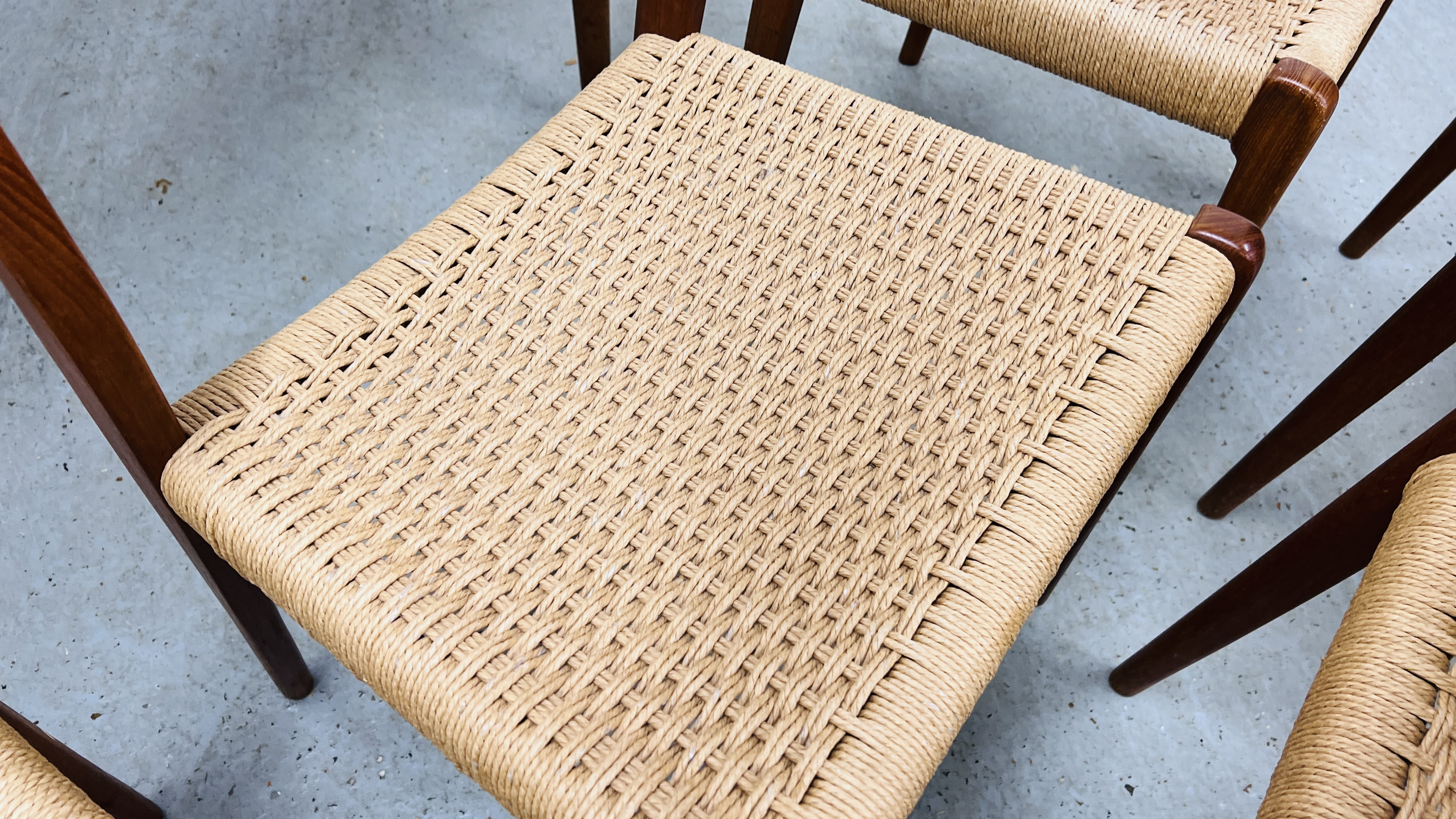 SET OF EIGHT J MOLLER DANISH TEAK DINING CHAIRS WITH WOVEN SISAL SEATS ALONG WITH A DRAWER LEAF - Image 29 of 48