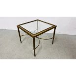 A HEAVY SQUARE BRASS FRAMED LAMP TABLE WITH GLASS TOP, 52 X 52CM.