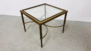 A HEAVY SQUARE BRASS FRAMED LAMP TABLE WITH GLASS TOP, 52 X 52CM.