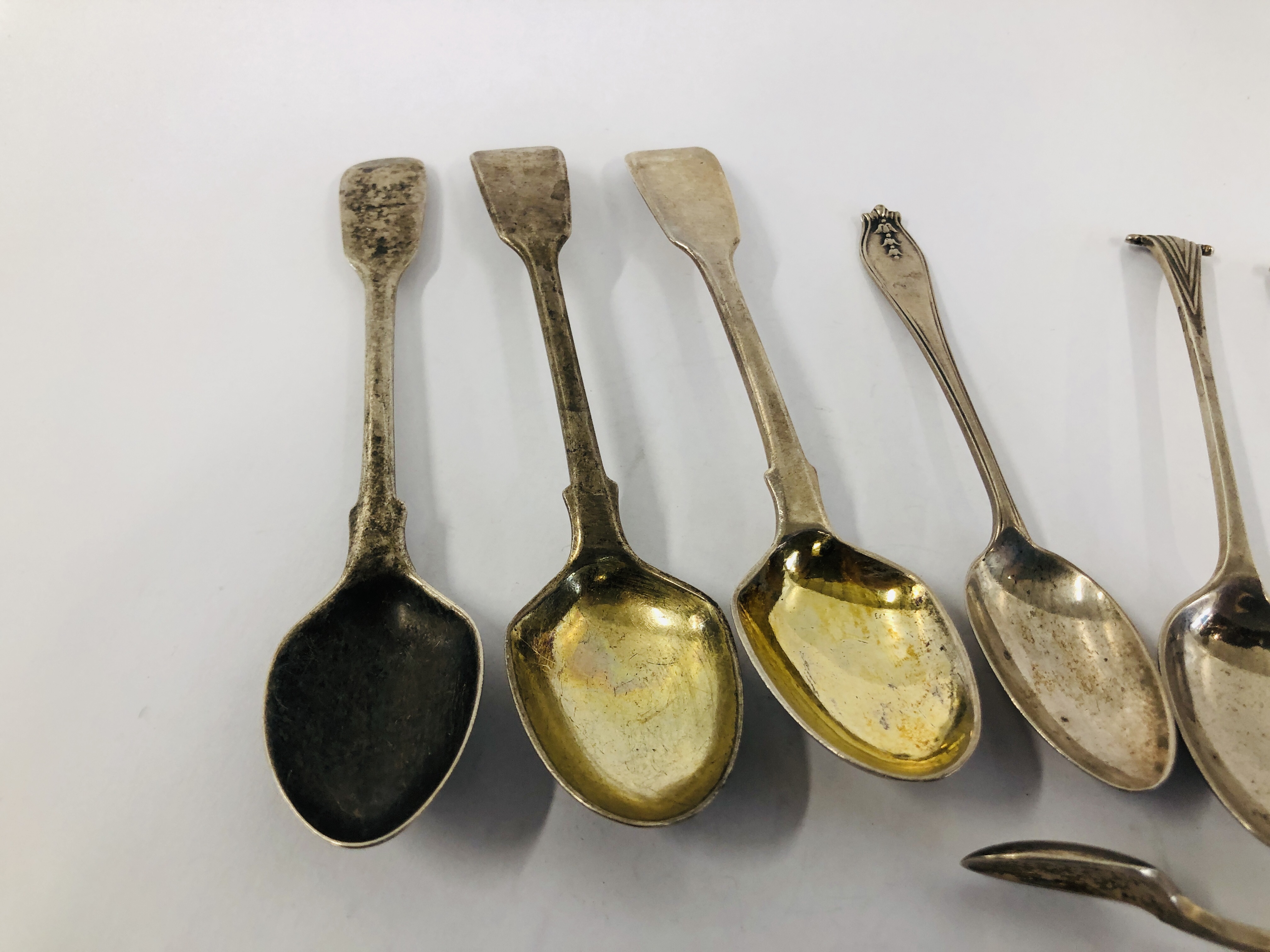 EIGHT VARIOUS SILVER TEASPOONS INCLUDING FOUR ONSLOW PATTERN AND MATCHING SUGAR NIPS, - Image 2 of 10