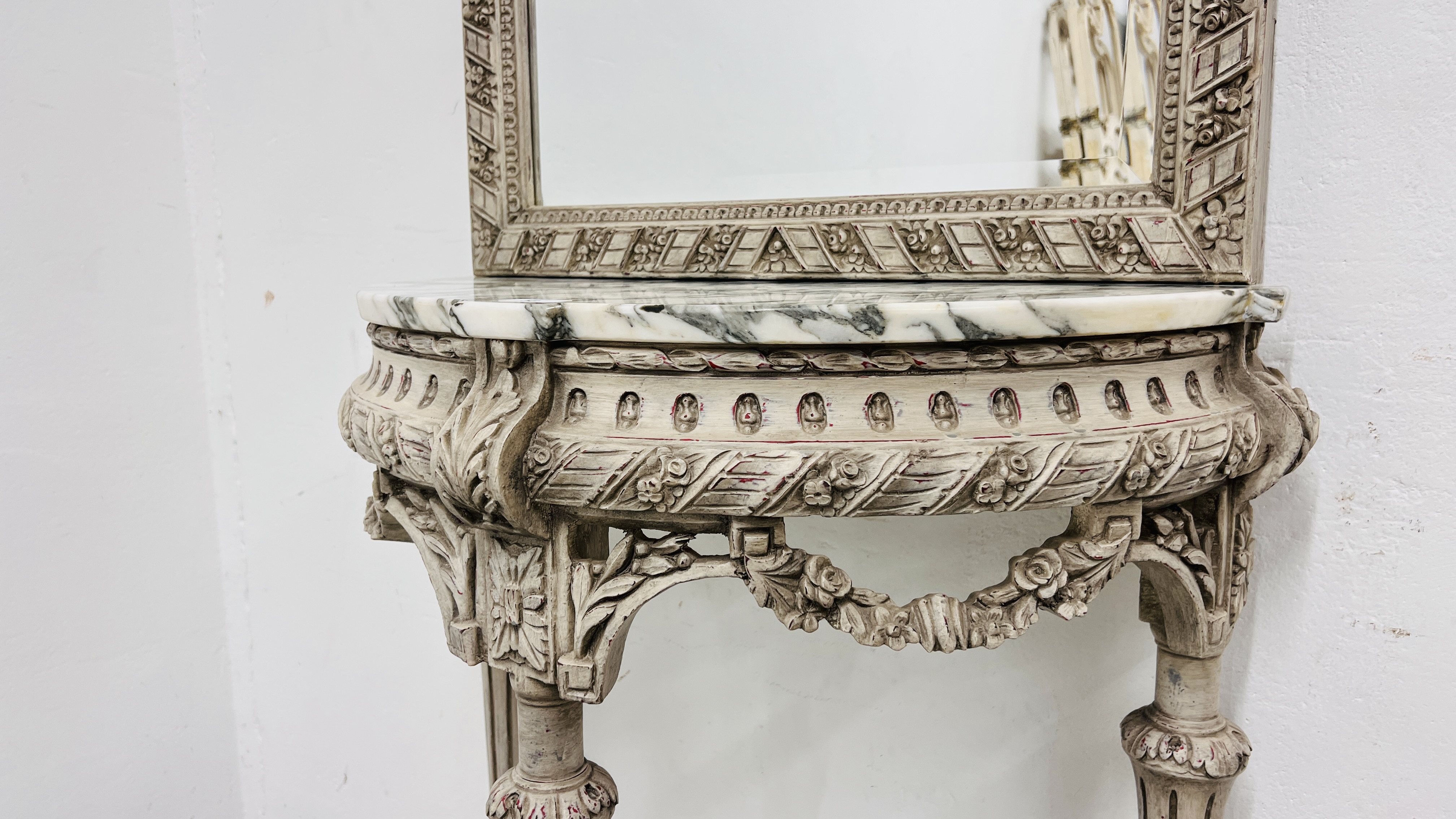 A CONTINENTAL MARBLE TOP HALF MOON SIDE TABLE ON ORNATE CARVED BASE AND SHELF BELOW WITH MIRRORED - Image 4 of 10