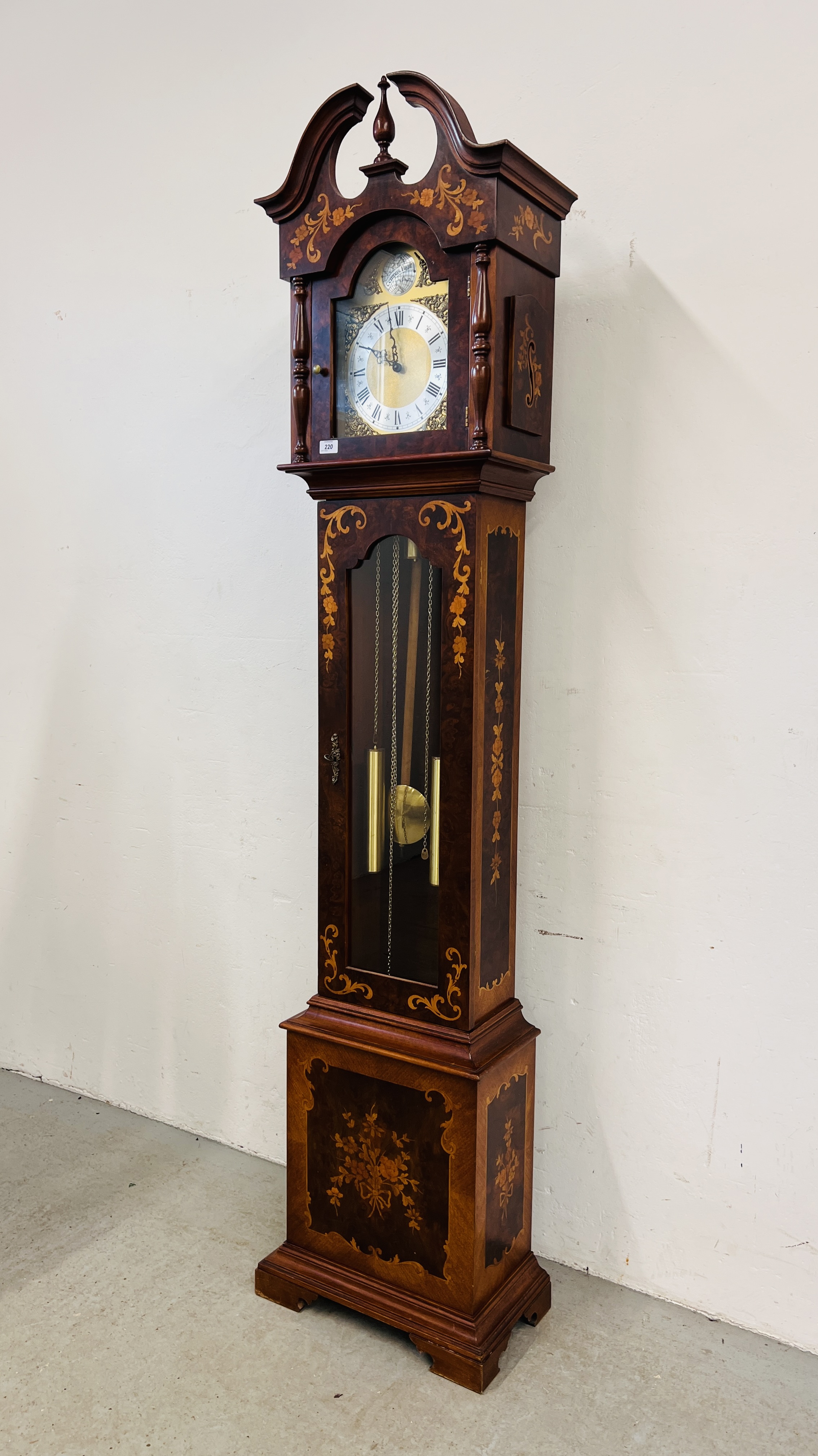 A REPRODUCTION DUTCH STYLE LONG CASE CLOCK WITH MARQUETRY INLAID STYLE DETAILING FACE MARKED TEMPUS