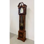 A REPRODUCTION DUTCH STYLE LONG CASE CLOCK WITH MARQUETRY INLAID STYLE DETAILING FACE MARKED TEMPUS