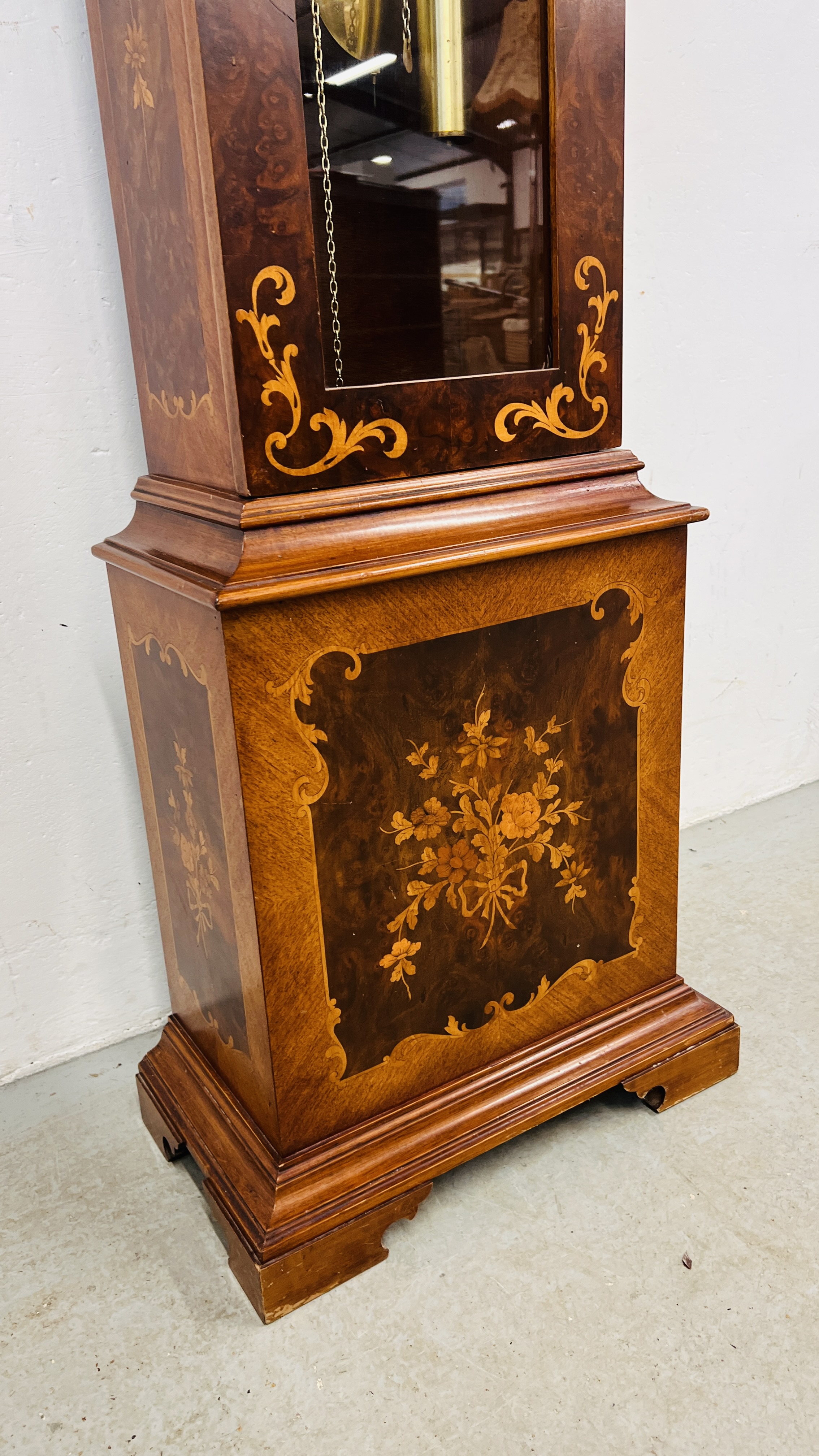 A REPRODUCTION DUTCH STYLE LONG CASE CLOCK WITH MARQUETRY INLAID STYLE DETAILING FACE MARKED TEMPUS - Image 5 of 13