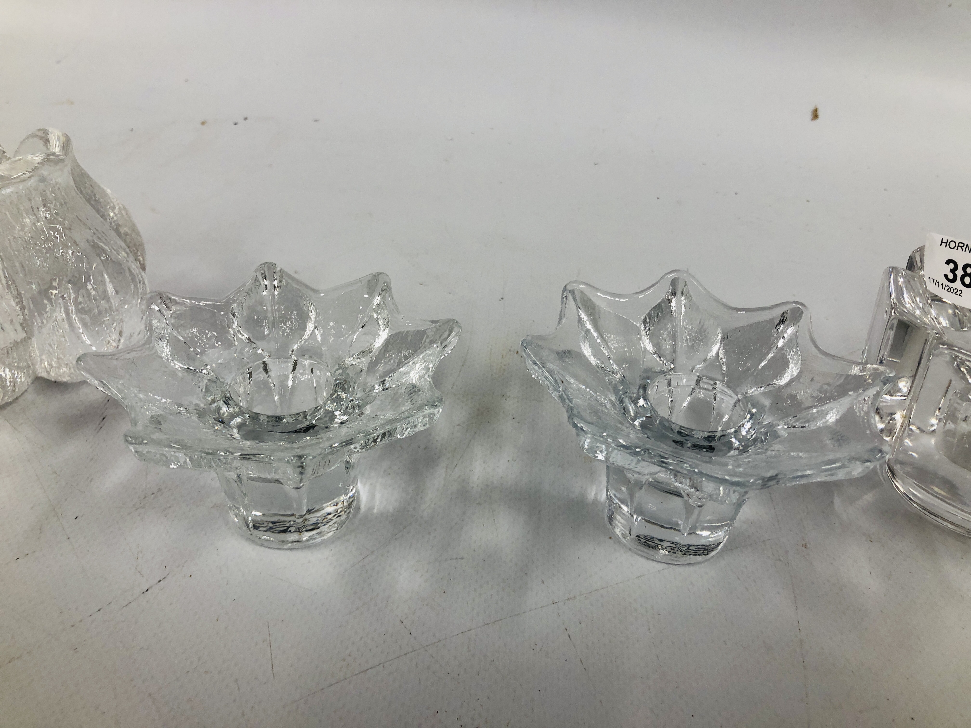 A PAIR OF DESIGNER SWEDISH GLASS CANDLE HOLDERS LABELLED KOSTA SWEDEN, - Image 3 of 6